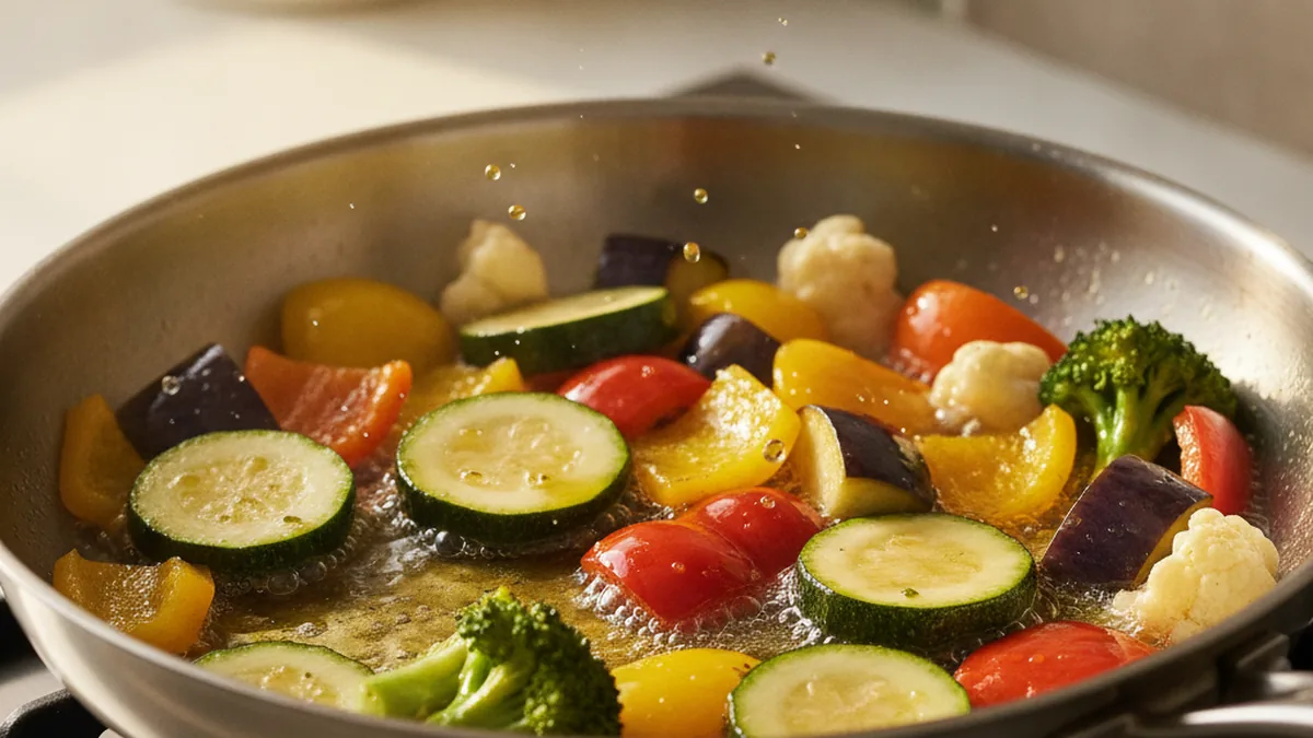 Vegetables sizzling in extra virgin olive oil in a pan on the stove